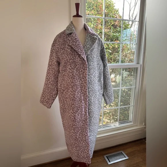 ASOS DESIGN PETITE Mix Gray Pink Leopard Cheetah Animal Print Brushed Coat - Picture 10 of 14